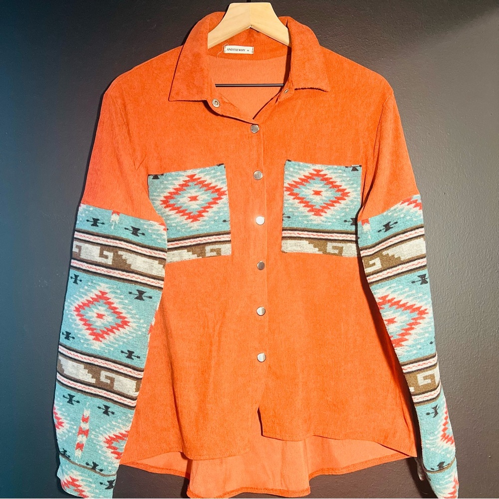 ANDTHEWHY Women's Aztec Button Down Sz M Orange Blue Long Sleeve Boho Western